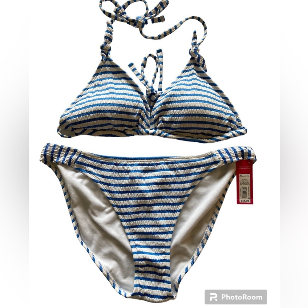 Xhilaration Women's Bikini Set Size XL Blue Whits‎ Stripes NWT